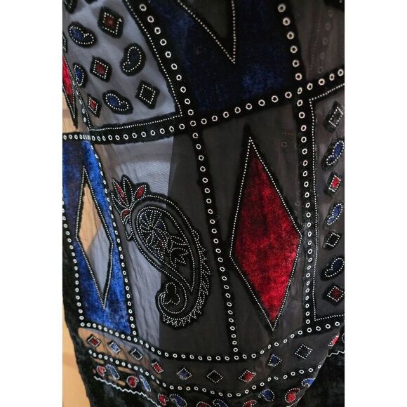 Velvet & Sheer Patchwork Paisley Design Shawl With Fringe - Black Red & Blue - Picture 5 of 8